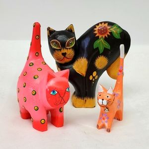 Vintage set of three handcarved  & painted wood cats from Indonesia